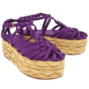 Ulla Johnson Viola Knotted Purple Leather Raffia Platform Sandals Size 36